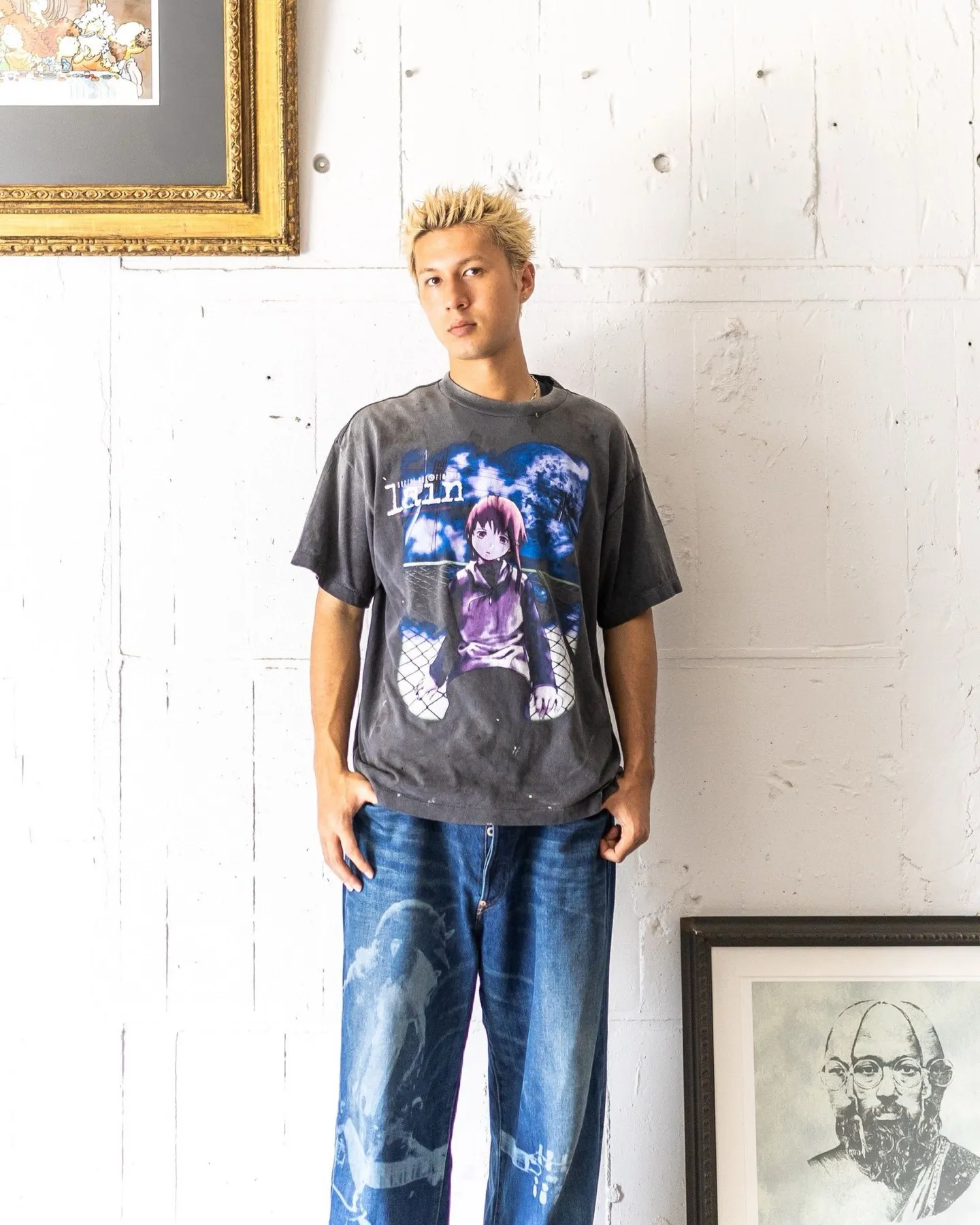 SAINT Mxxxxxx × serial experiments lain × GEEKS RULE GS_SS TEE/LAIN/BLK Sci-fi anime <Lingyin> co-branded ringing tone distressed short-sleeves Washed black S-XL Super rich and delicate printing technology perfectly shows the authentic details Customized co-branded accessories The real correct version Ready-made clothes Assute dyeing Washed to make old Maliu water faded